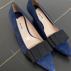 🚩steal authentic Miu Miu Navy Suede Heels with Black Bow